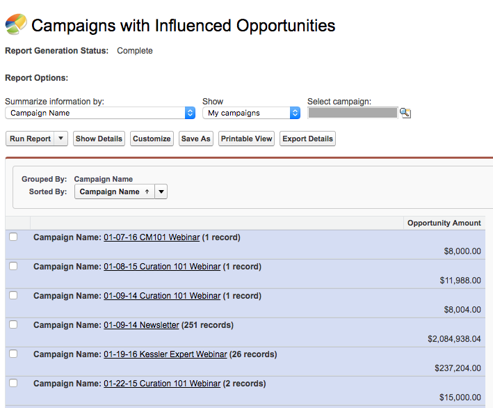 Example of Salesforce campaign influence.